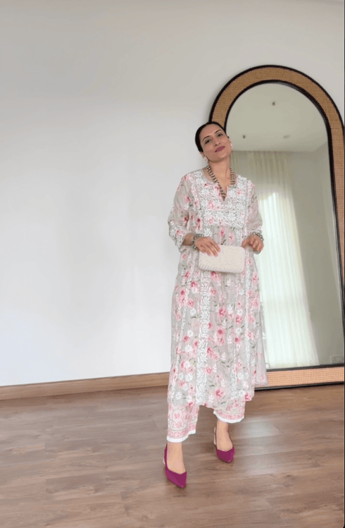 Urmi in Fizaa Chikankari Long Kurta in Muslin Cotton for Women- Grey Print